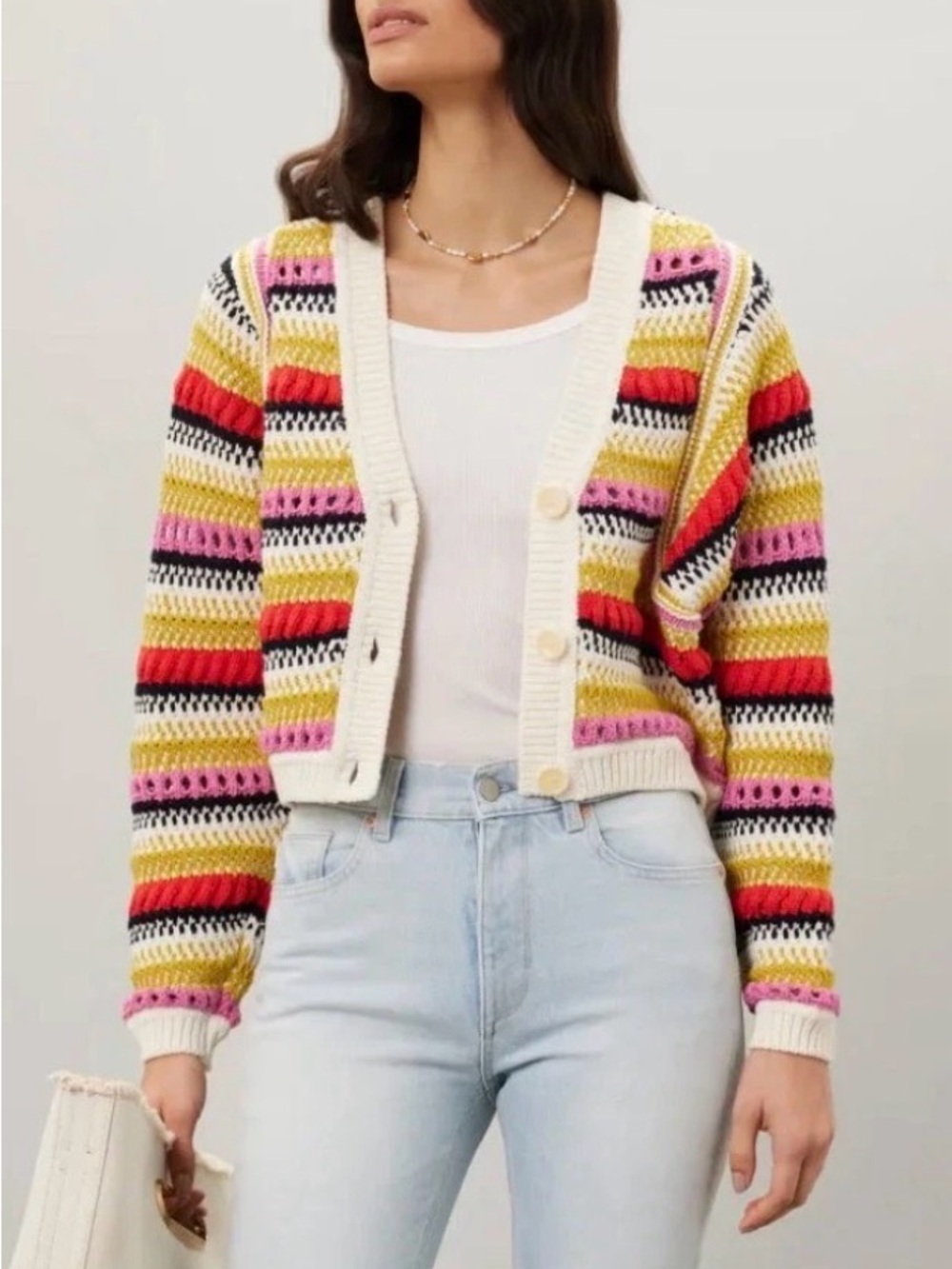 ba&sh Multicolor Striped Cropped Button-Front Cardigan
